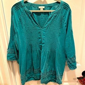 XL sundance teal cotton linen tunic with lace trim